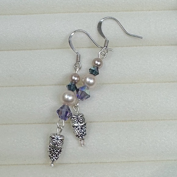 Handmade Double Drop Owl Earrings Tanzanite AB Crystal & Blush Faux Pearls - Picture 4 of 5